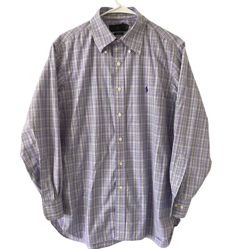 Ralph Lauren Mens 16 32/33 Purple Green Plaid Easy Care Cotton Button Down Shirt